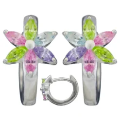 Paar Creolen Ohrringe 13x1,7mm Blüte Zirkonia farbig 925 Silber glänzend Kinder