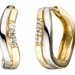 Paar Ohrringe Creolen 3,7mm gewellt mit Zirkonia weiß 333 Gold Gelbgold
