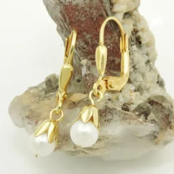 Paar Ohrringe Ohrhänger Brisur 25x5mm mit Süßwasserperlen 9Kt 375 Gold Gelbgold