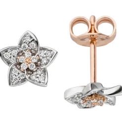 Paar Ohrstecker Blumen mit 40 Diamanten 0.14Ct 585 Gold Rotgold Weißgold