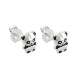 Paar Ohrstecker kleiner Pandabär 6x5mm glänzend schwarz lackiert 925 Silber Kinder