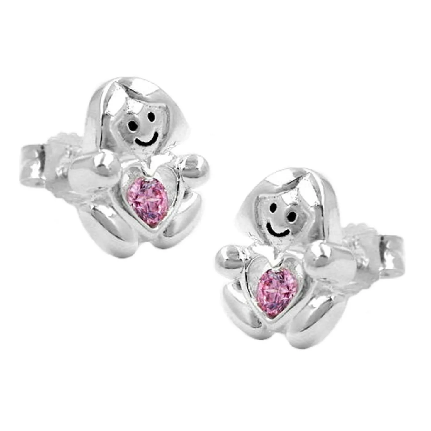 Paar Ohrstecker, Mädchen mit Herz, pink Zirkonia, 925 Silber, Kinder