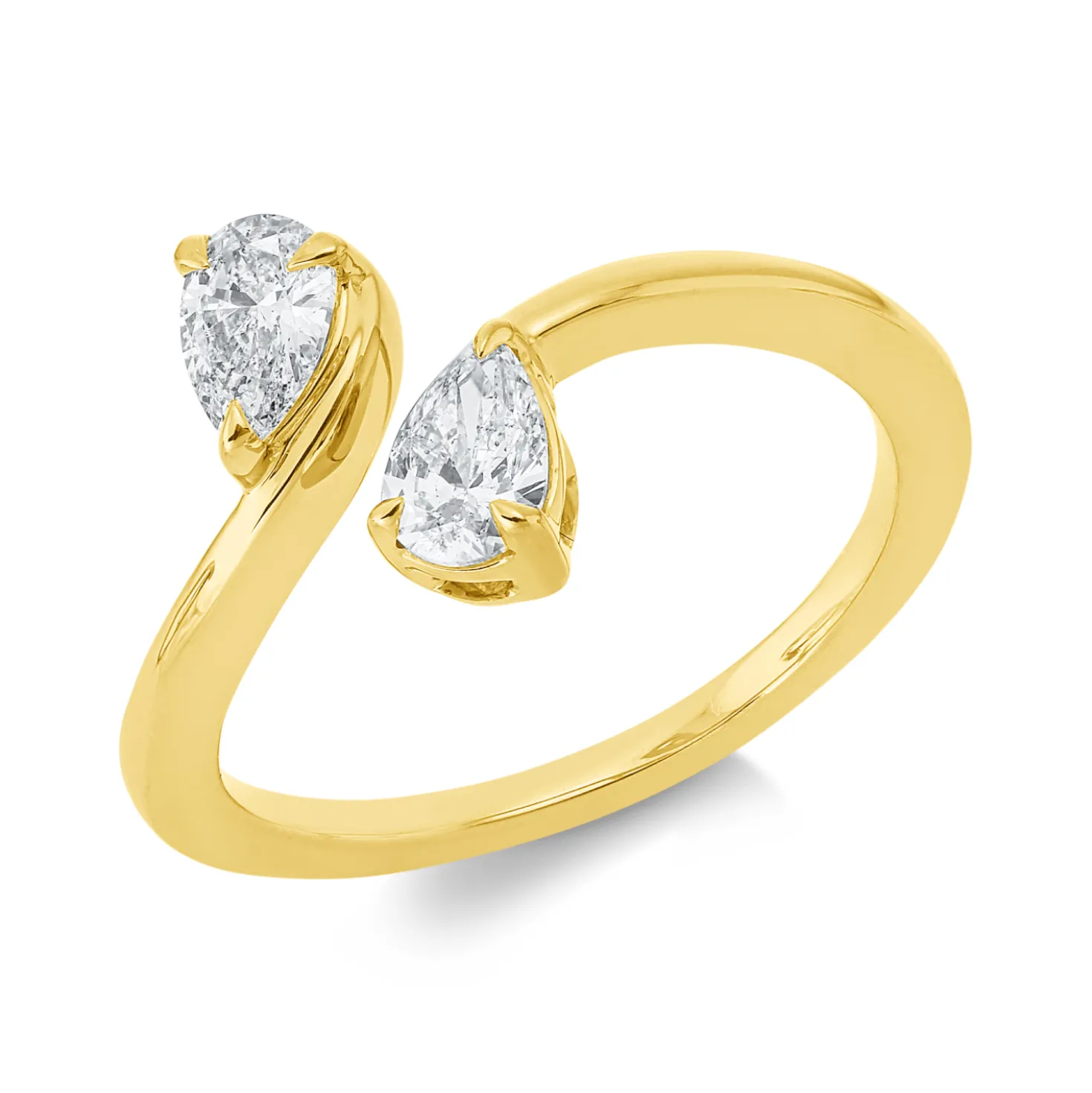 Ring aus 750 Gelbgold 2 Diamanten Tropfen-Schliff 0,61ct TW-SI B:11,7mm 3er-Krappe
