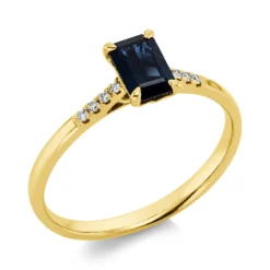 Ring aus 750 Gelbgold Saphir 0,65ct blau 8 Brillanten 0,04ct TW-SI B:6,4mm
