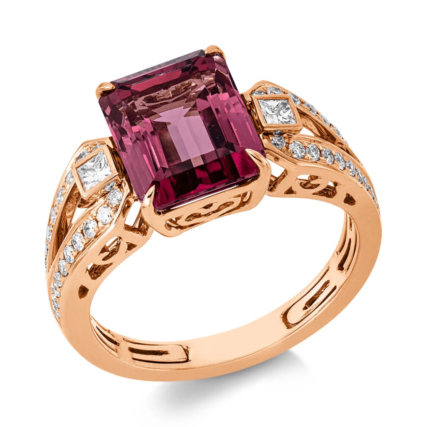 Ring aus 750 Rotgold Turmalin 3,6ct pink 42 Diamanten 0,38ct TW-SI B:9,8mm