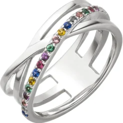 Ring aus 925 Silber mit bunten Zirkonia Silberring gekreuzt multicolor