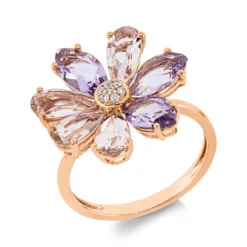 Ring Blume 750 Rotgold 7 Amethyste 4,2ct pink 7 Brillanten 0,04ct TW-SI B:18,1mm