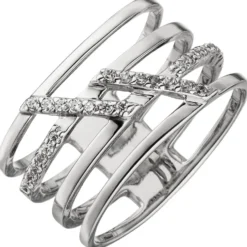 Ring breiter Damenring 4-reihig mit weißen Zirkonia 925 Silber Fingerschmuck
