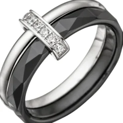 Ring Damenring aus Keramik schwarz & 925 Silber mit Zirkonia weiß Fingerring