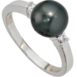 Ring Damenring, dunkle synthetische Perle & Zirkonia 925 Silber Damen