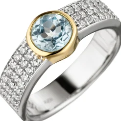 Ring Damenring mit Blautopas rund hellblau Zirkonia 925 Silber teilvergoldet