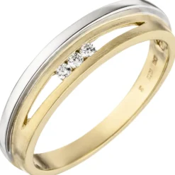 Ring Damenring mit weißen Zirkonia, 3-reihig 375 Gold Gelbgold Weißgold mattiert