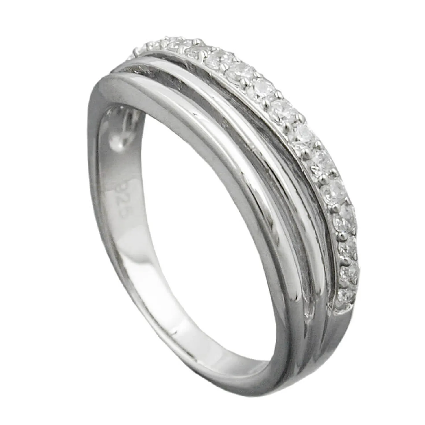 Ring Damenring mit weißen Zirkonia am Rand Streifen 925 Silber
