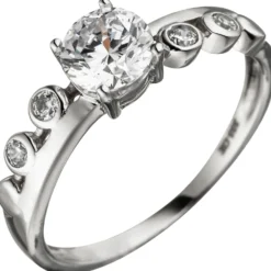 Ring Damenring mit 5 Zirkonia weiß, 333 Gold Weißgold Zirkoniaring Fingerring