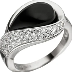 Ring Damenring mit Zirkonia weiß & Onyx schwarz 925 Silber Silberring Onyxring