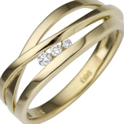 Ring Damenring 3-reihig mit 3 Diamant 0.08Ct W/SI Brillanten 585 Gold Gelbgold
