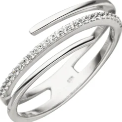 Ring Damenring 3-reihig mit weißen Zirkonia, 925 Sterlingsilber, rhodiniert