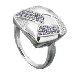 Ring Damenring Viereck mit Muster Zirkonia lila weiß 925 Silber