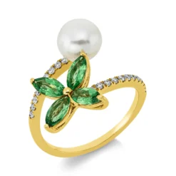 Ring 750 Gelbgold Süßwasser-Perle 7mm weiß 4 Tsavorithe 1,04ct grün B:16,7mm