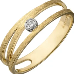 Ring 585 Gold Gelbgold teil-eismatt Diamant Brillant 0,05 Ct Damen