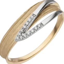 Ring 585 Gold Gelbgold & Weißgold bicolor matt 13 Diamanten 0,07 Ct W/P1