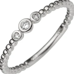 Ring mit 3 Diamant 0.06Ct W/SI Brillanten verkettete Kügelchen 585 Gold Weißgold