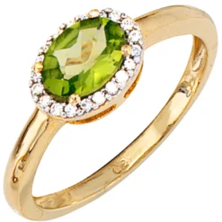 Ring Peridot & 20 Diamanten 0.1Ct W/P1 Brillanten 585 Gold Gelbgold