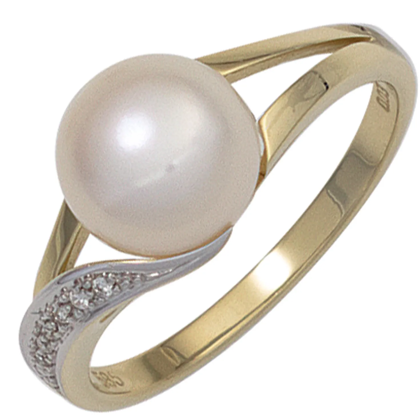 Ring Süßwasser Perle weiß & 6 Brillanten 0.02Ct W/SI 585 Gold Gelbgold