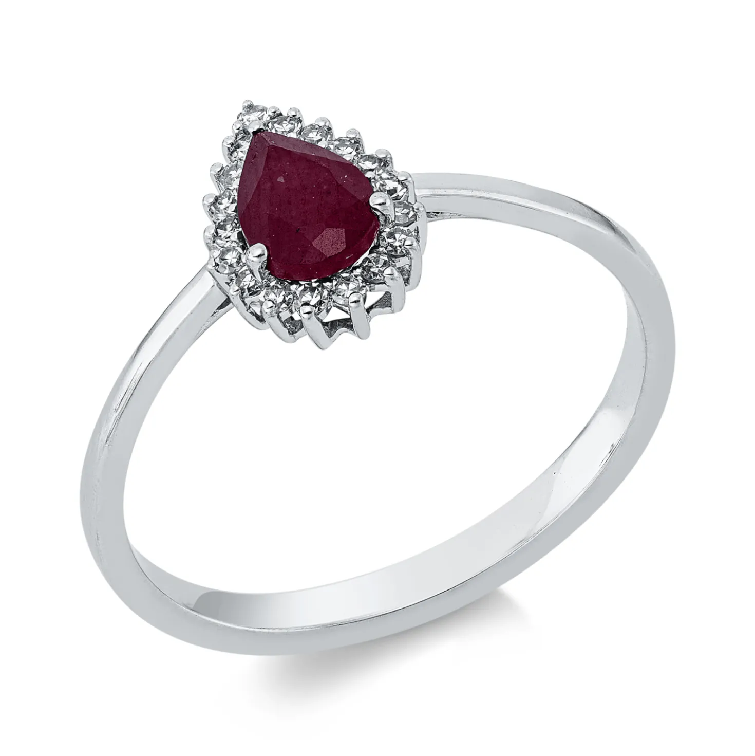 Ring Tropfen aus 750 Weißgold Rubin 0,65ct rot 18 Diamanten 0,09ct TW-SI B:9mm