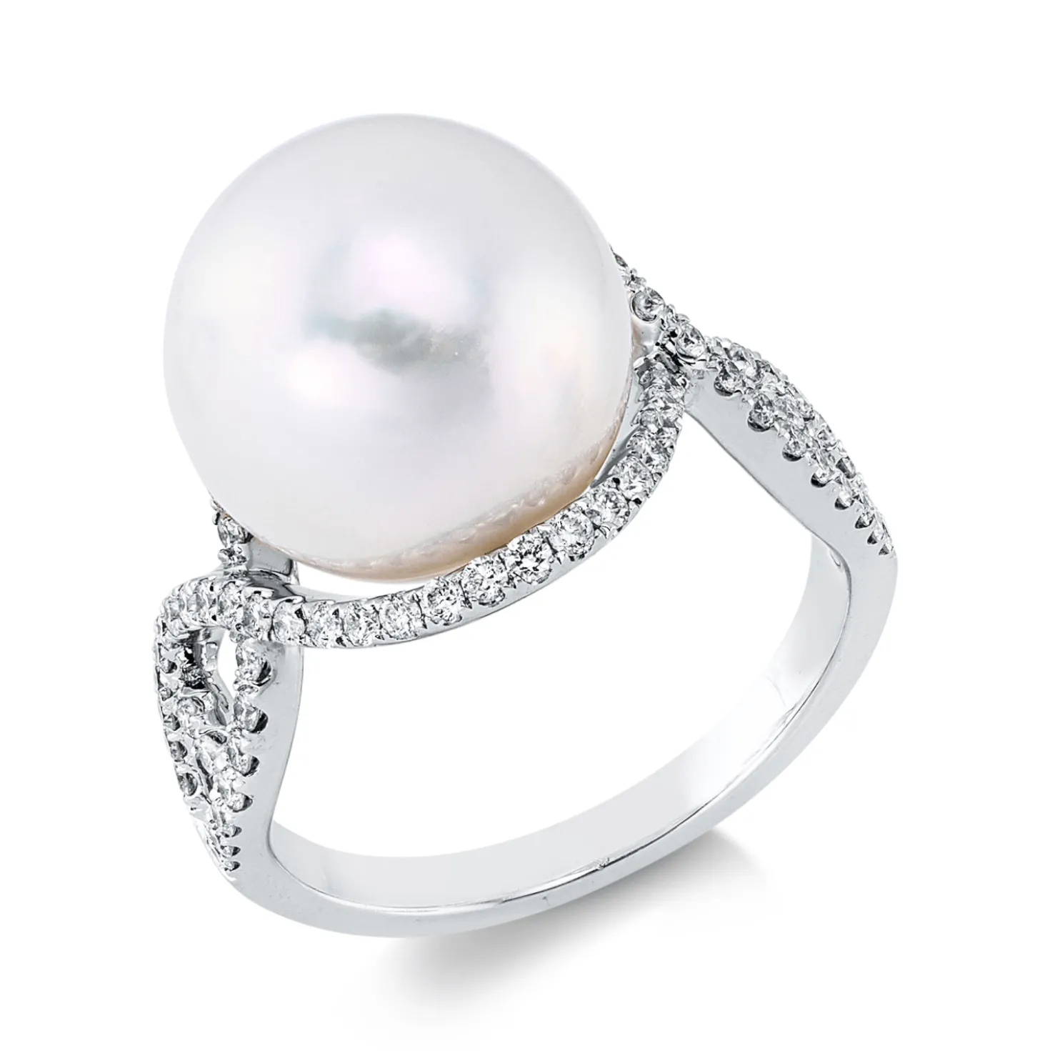 Ring 750 Weißgold Süßwasser-Perle 12,1mm weiß 68 Brillanten 0,5ct F-SI B:14,6mm