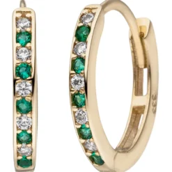 Schmale Creolen 1,6x12,2mm aus 333 Gelbgold mit 20 Zirkonia grün weiß oval