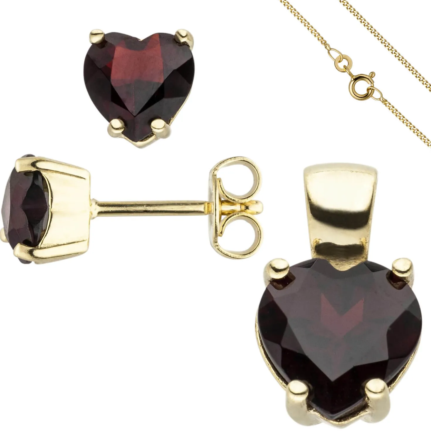 Schmuck-Set aus 333 Gold Gelbgold Granat-Herzen Ohrstecker Anhänger Kette 42cm