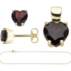 Schmuck-Set aus 333 Gold Gelbgold Granat-Herzen Ohrstecker Anhänger Kette 42cm