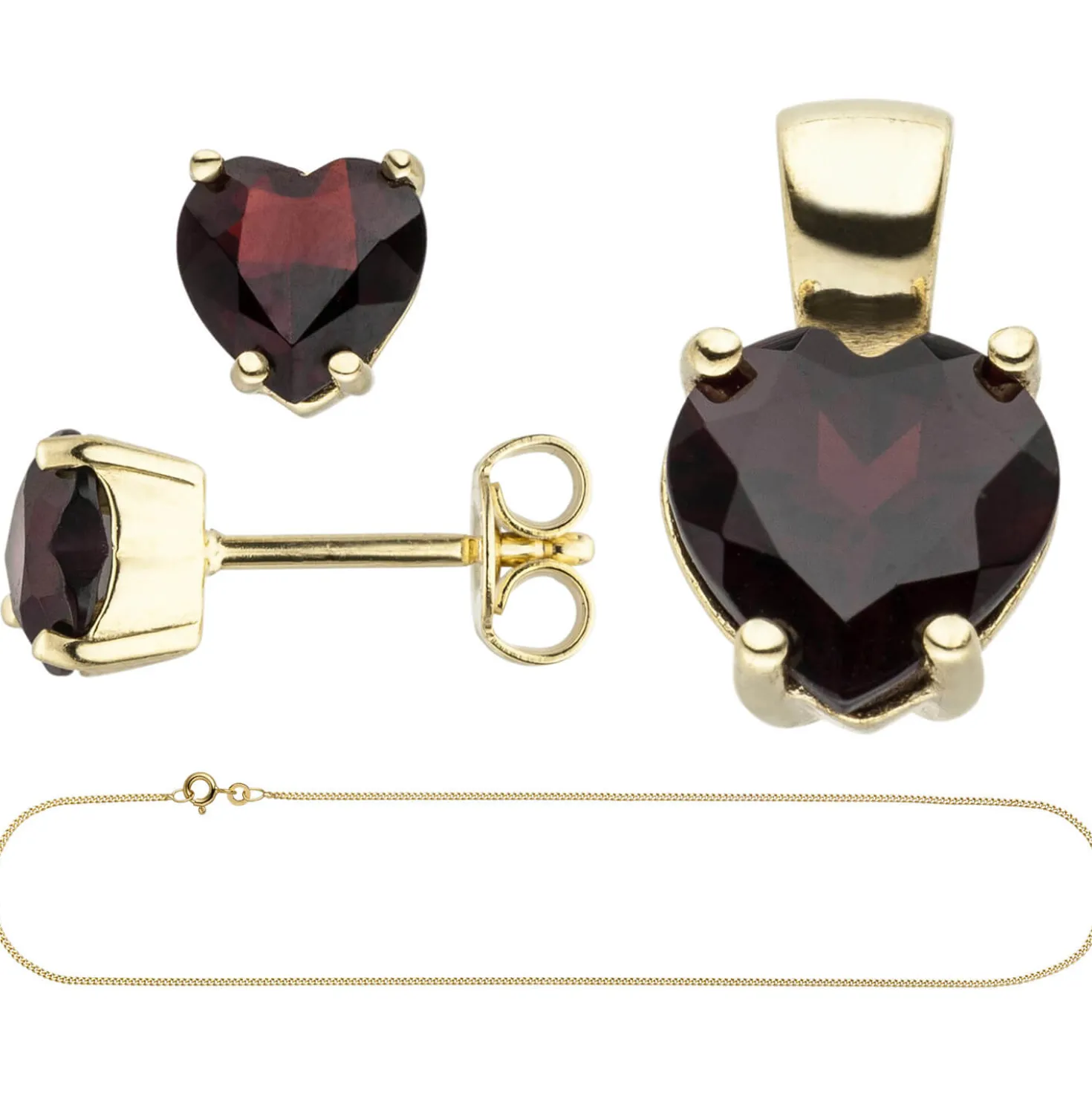 Schmuck-Set aus 333 Gold Gelbgold Granat-Herzen Ohrstecker Anhänger Kette 42cm