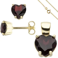 Schmuck-Set aus 333 Gold Gelbgold Granat-Herzen Ohrstecker Anhänger Kette 45cm