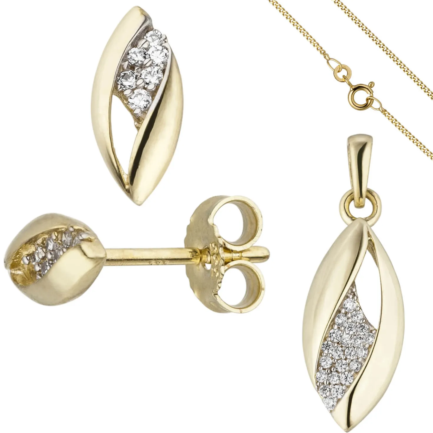 Schmuck-Set aus 333 Gold Gelbgold mit Zirkonia Ohrstecker Anhänger Kette 45cm