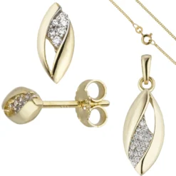 Schmuck-Set aus 333 Gold Gelbgold mit Zirkonia Ohrstecker Anhänger Kette 42cm