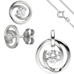 Schmuck-Set aus 333 Gold Weißgold 3 Zirkonia Ohrringe Anhänger und Kette 45cm