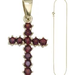 Schmuck-Set, Kreuz mit roten Granaten 1,3mm Panzerkette 333 Gold Gelbgold, 50cm