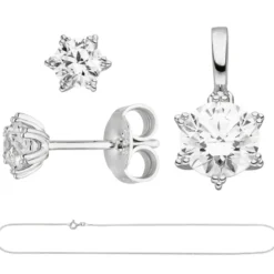 Schmuck-Set Stern 333 Gold Weißgold mit Zirkonia Ohrstecker Anhänger Kette 45cm