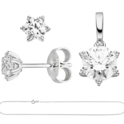 Schmuck-Set Stern 333 Gold Weißgold mit Zirkonia Ohrstecker Anhänger Kette 42cm