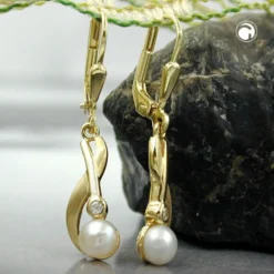 Schöne Ohrhänger 30x6mm Ohrringe Brisur aus 375 Gelbgold & Süßwasser-Perlen