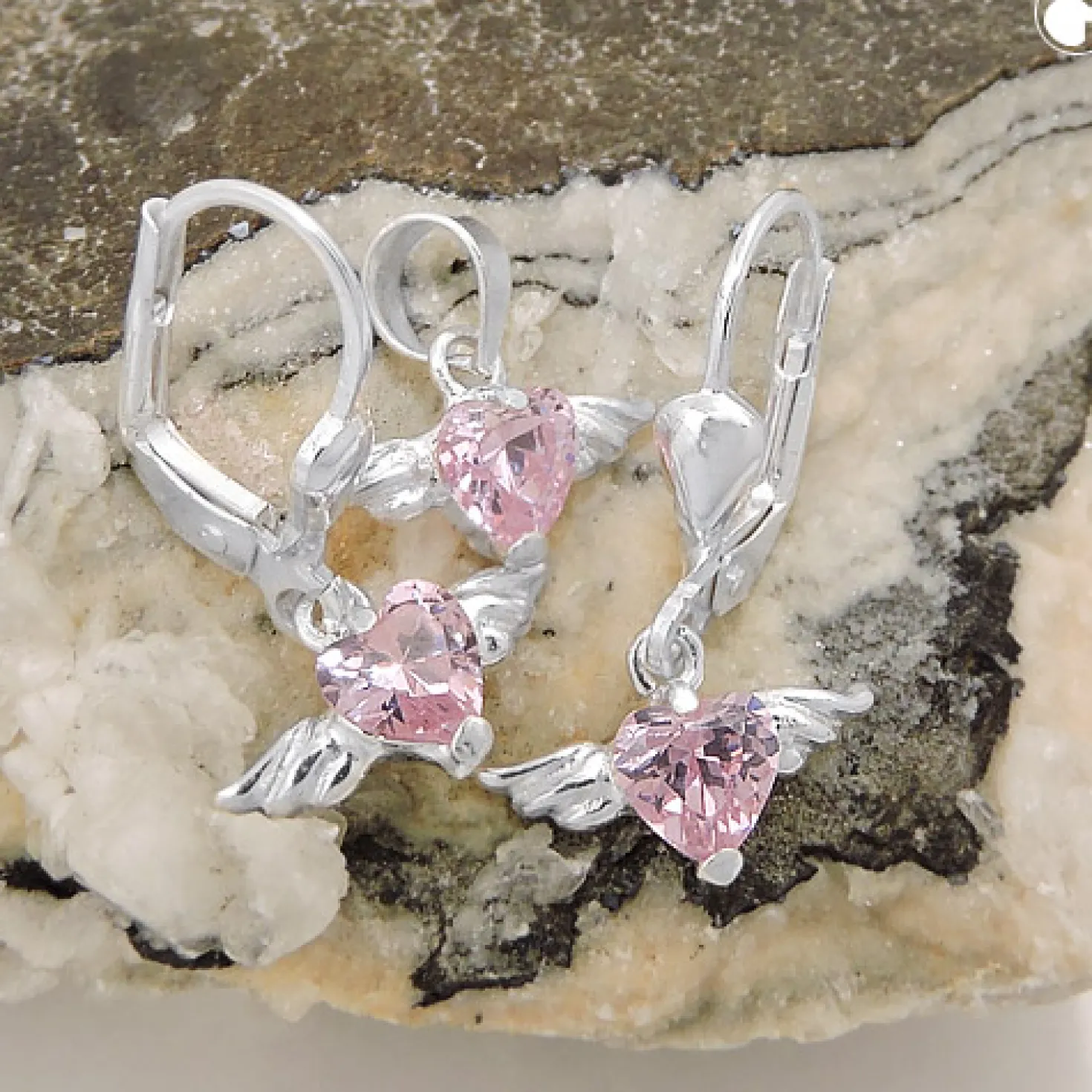 Set, Anhänger & Ohrringe, Herz aus Zirkonia pink mit Flügeln, 925 Silber