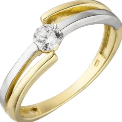 Solitär Ring Damenring 1 Zirkonia weiß 333 Gold Gelbgold teilrhodiniert bicolor